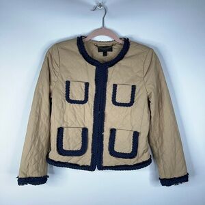 J Crew Tan Navy Quilted Lady Jacket Blazer Braided Trim Accents Classic Size 2